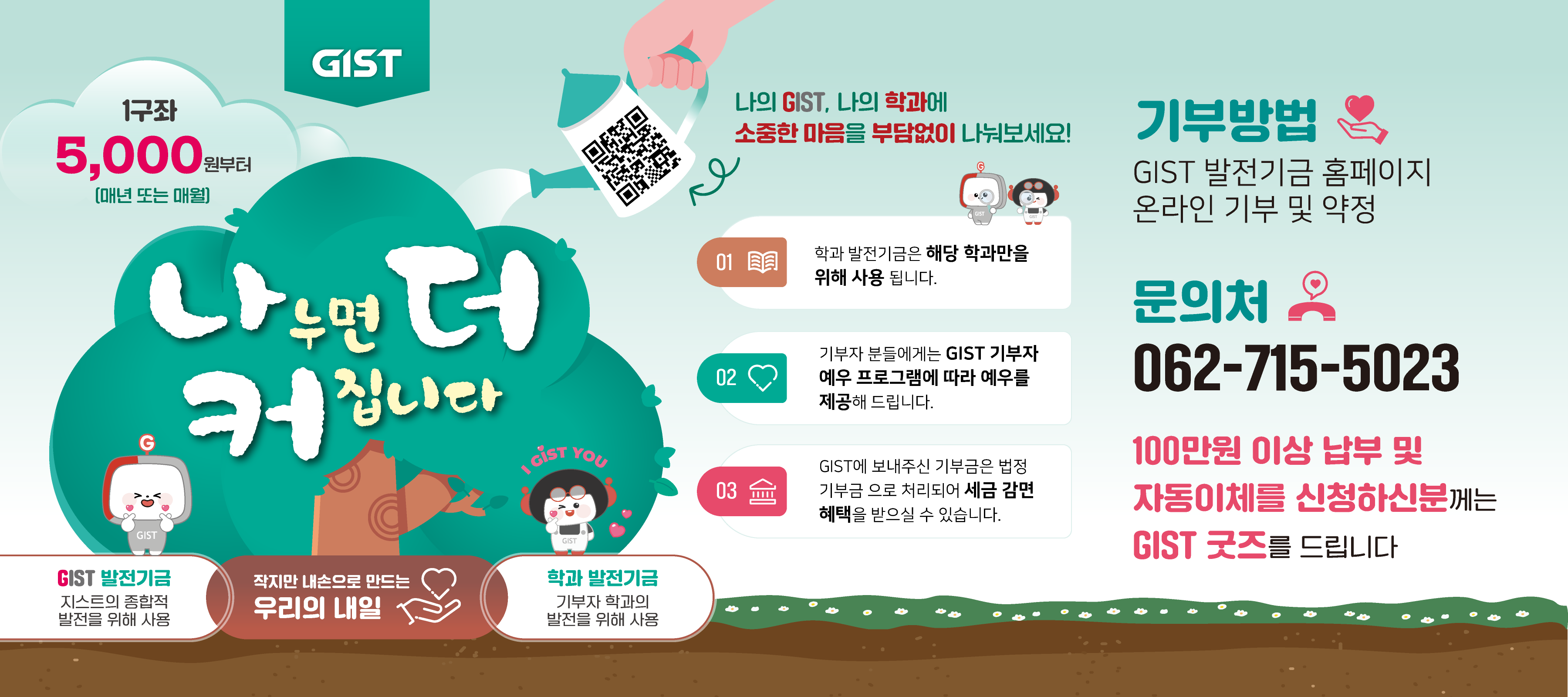 나누면 더 커집니다. (QR코드 : https ://m.site.naver.com/1vbfb) 나의 GIST, 나의 학과에 소중한 마음을 부담없이 나눠보세요. (매년 또는 매월 1구좌 5000원 부터, 작지만 내손으로 만드는 우리의 내일 , GIST발전기금 : 지스트의 종합적 발전을 위해 사용, 학과 발전 기금 : 기부자 학과의 발전을 위해 사용, 기부방법 : GIST 발전기금 홈페이지, 온라인 기부 및 약정, 문의처 062-715-5023, 01 학과 발전 기금은 해당 학과만을 위해 사용됩니다. 02 기부자 분들에게는 GIST 기부자 예우 프로그램에 따라 예우를 제공해 드립니다. 03 GIST에    보내주신 기부금은 법정 기부금으로 처리되어 세금 감면 혜택을 받으 실수 있습니다. 100만원 이상 납부 및 자동이체를 신청하시는 분께는  GIST 굿즈를 드립니다.