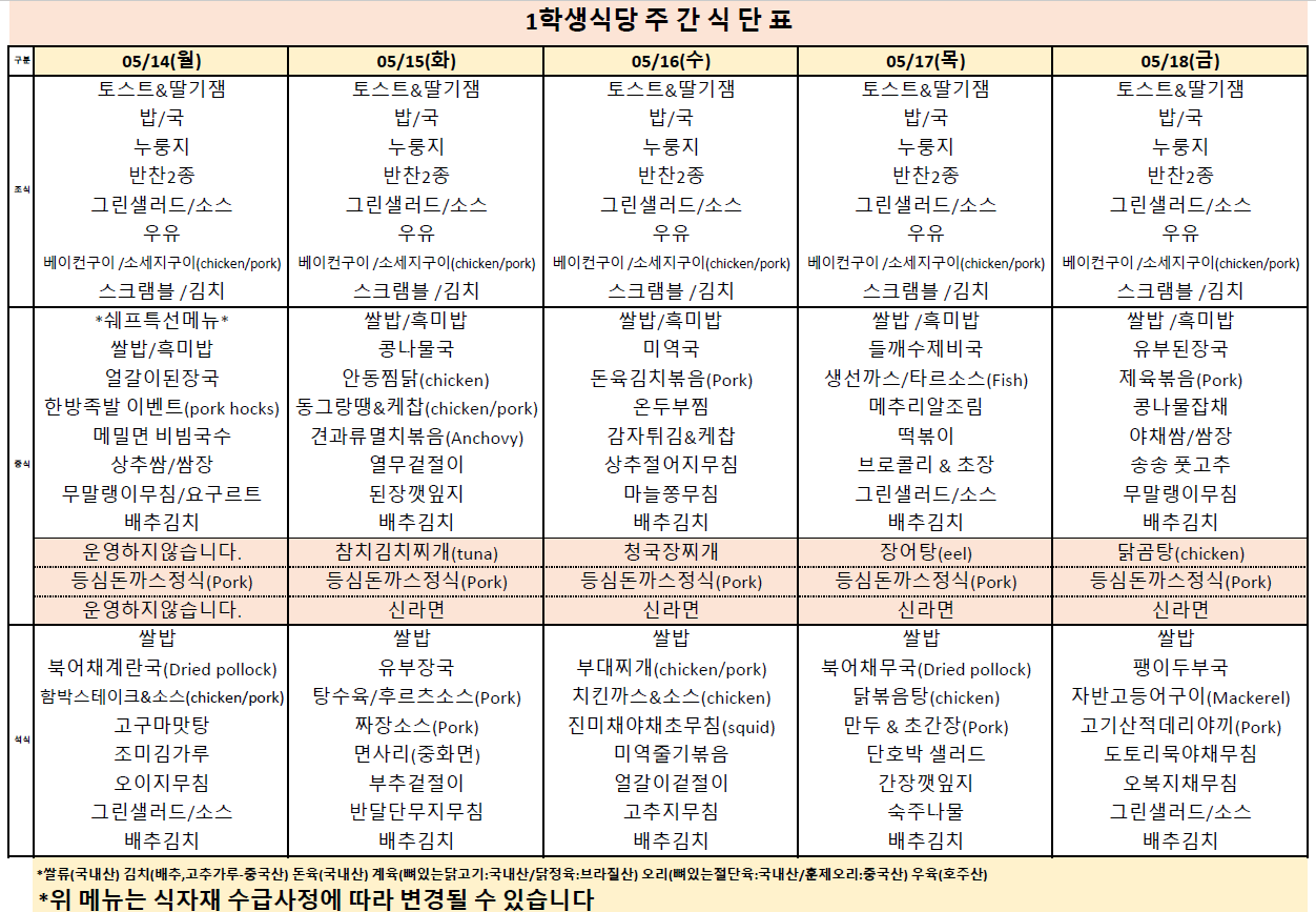 주간식단표(5.14~5.18) 이미지