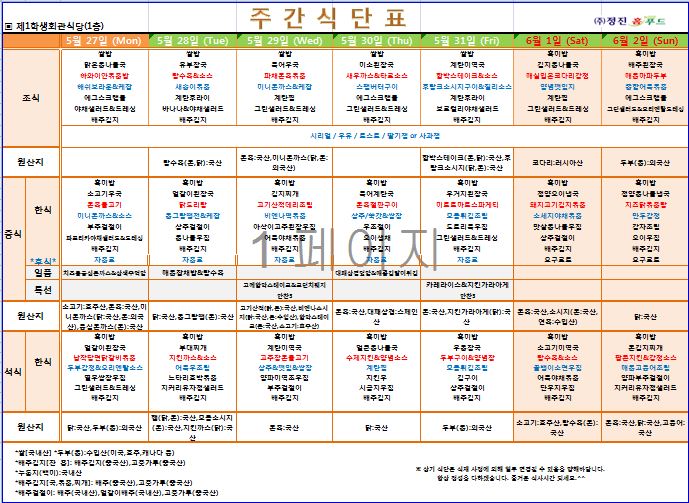 제1학생식당 주간식단표(5.27-6.2) 이미지