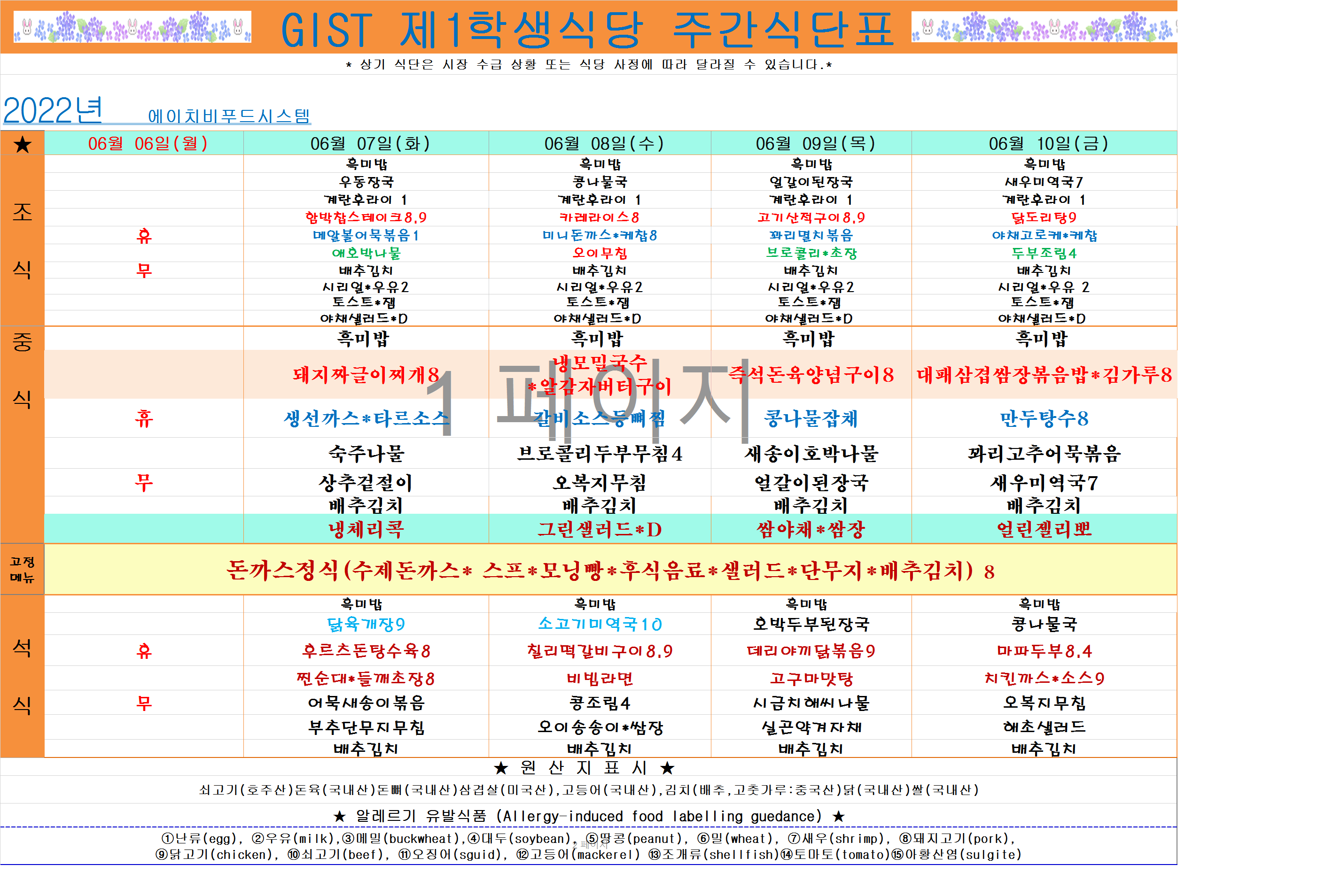 2022년 6월2째주식단표(6월6일~6월10일) 이미지