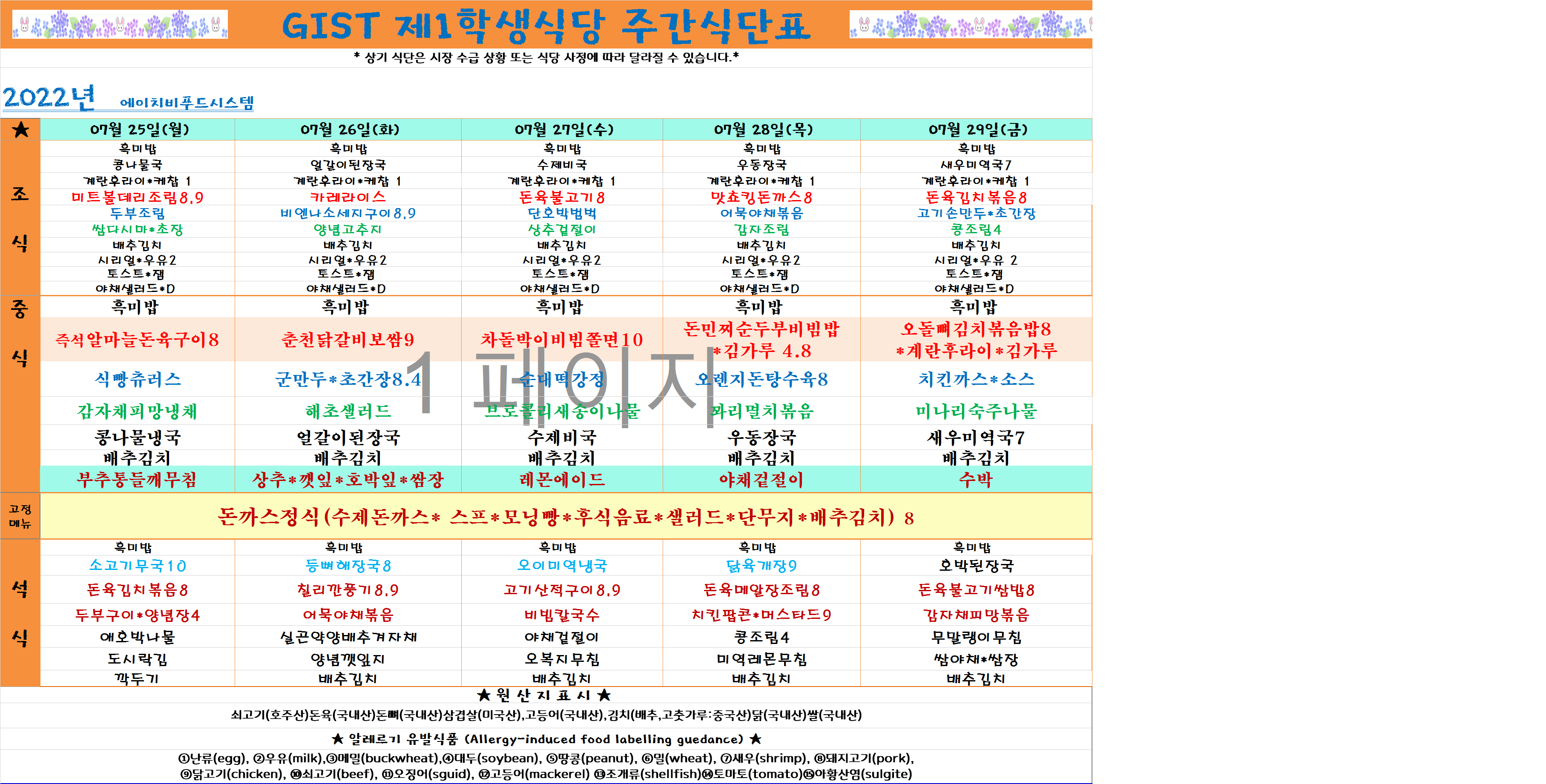 2022년 7월4째주식단표(7월25일~7월29일) 이미지