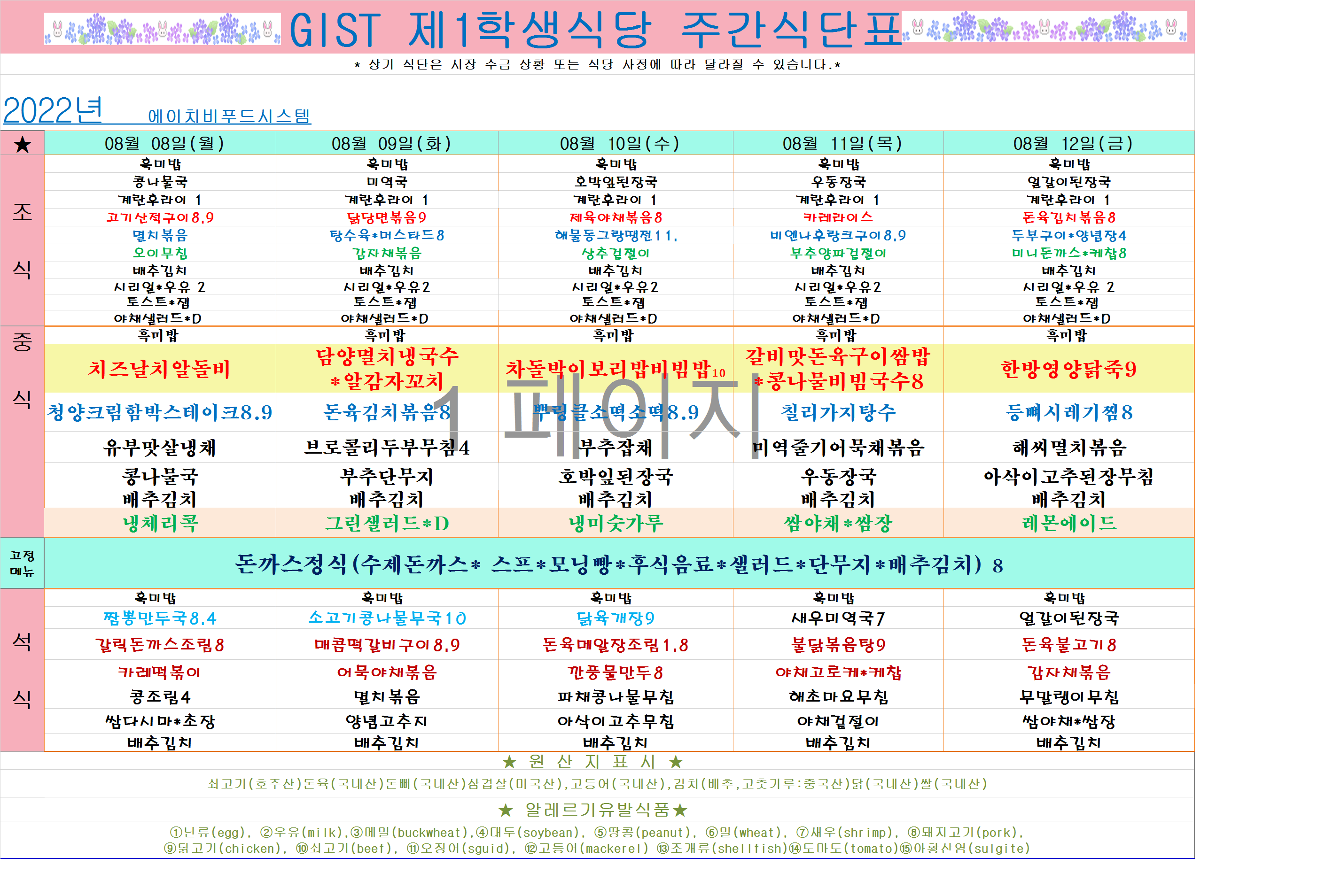 2022년 8월12주식단표(8월8월~8월12일) 이미지