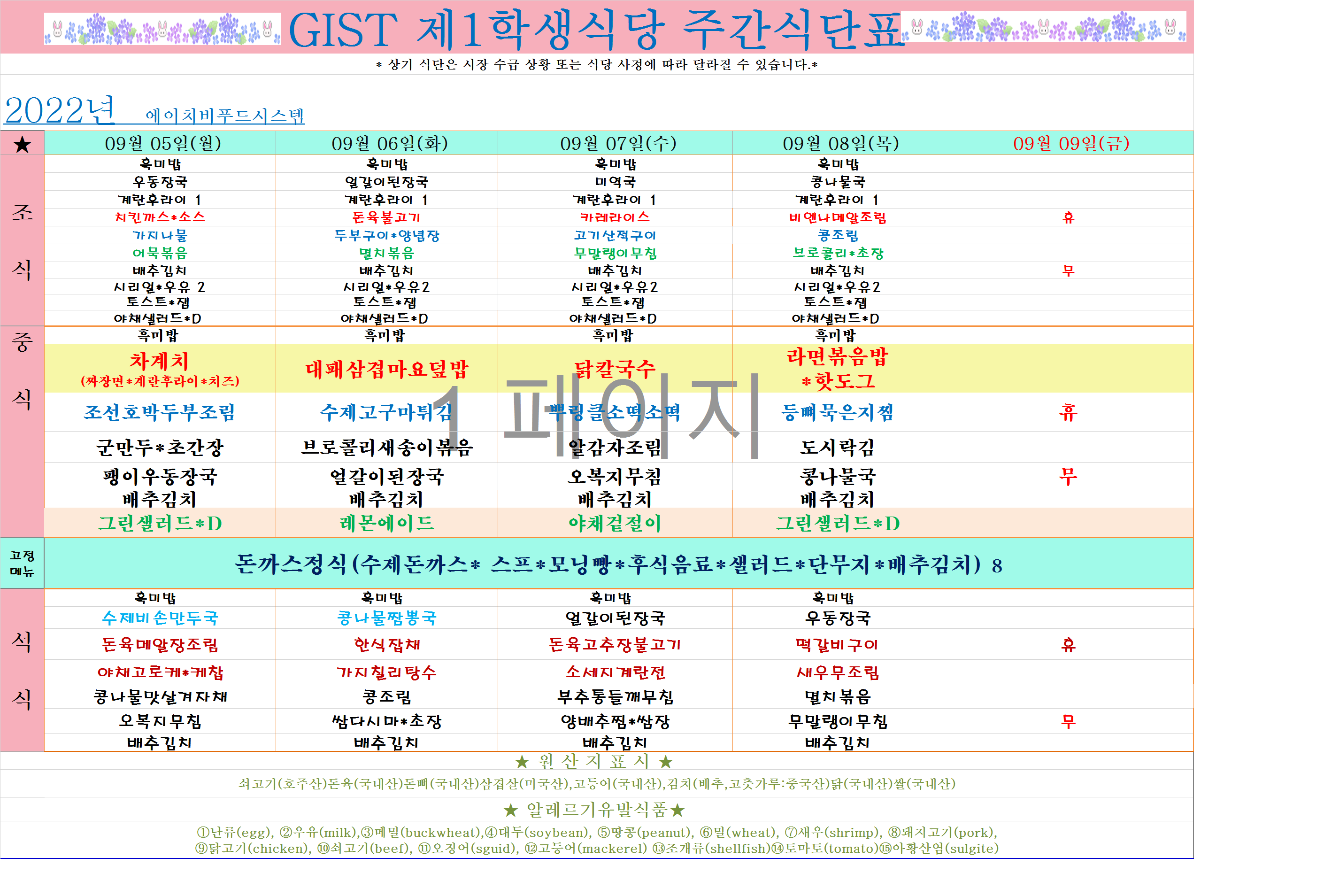 2022년 9월1째주식단표(9월5월~9월9일) 이미지