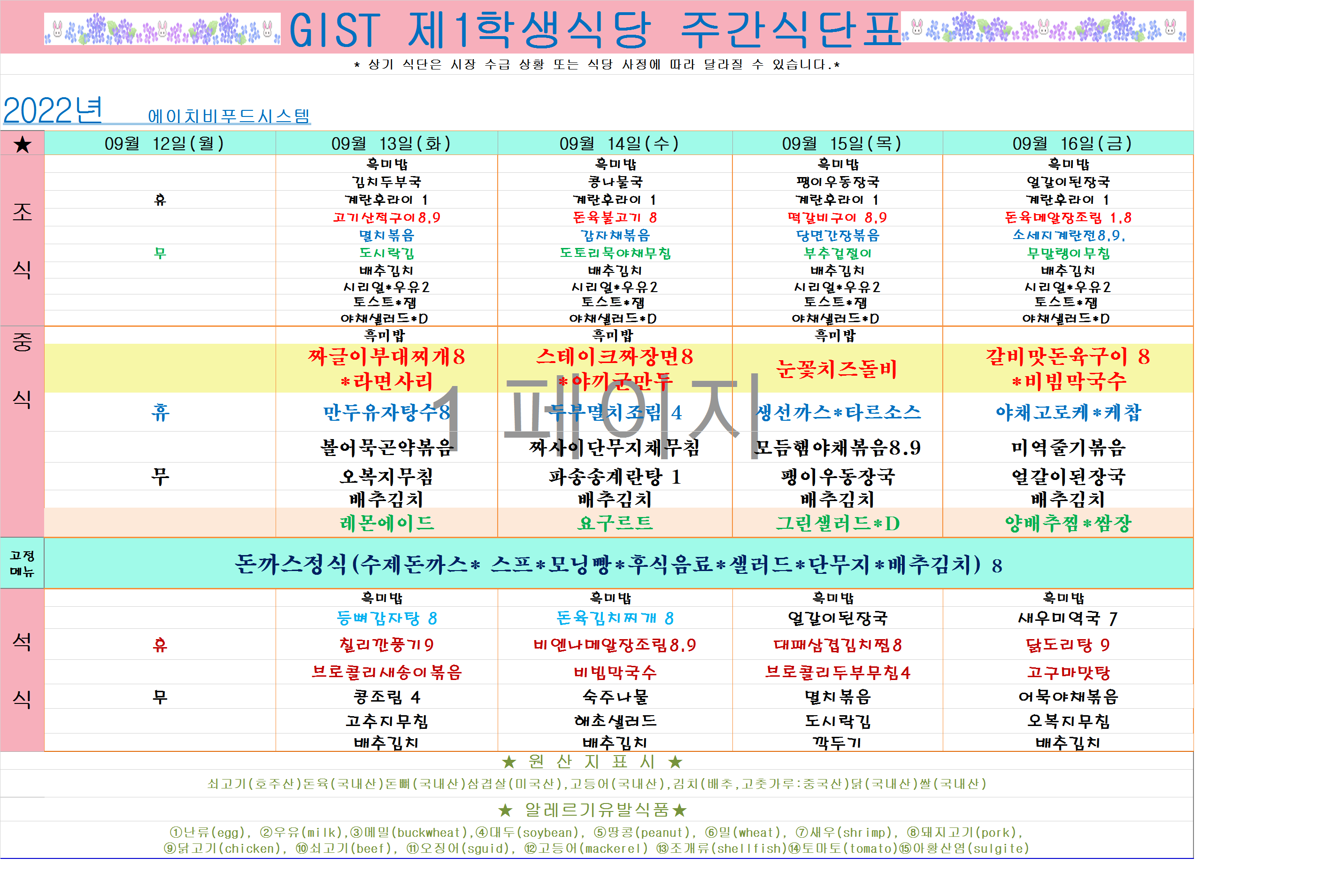 2022년 9월2째주식단표(9월12월~9월16일) 이미지