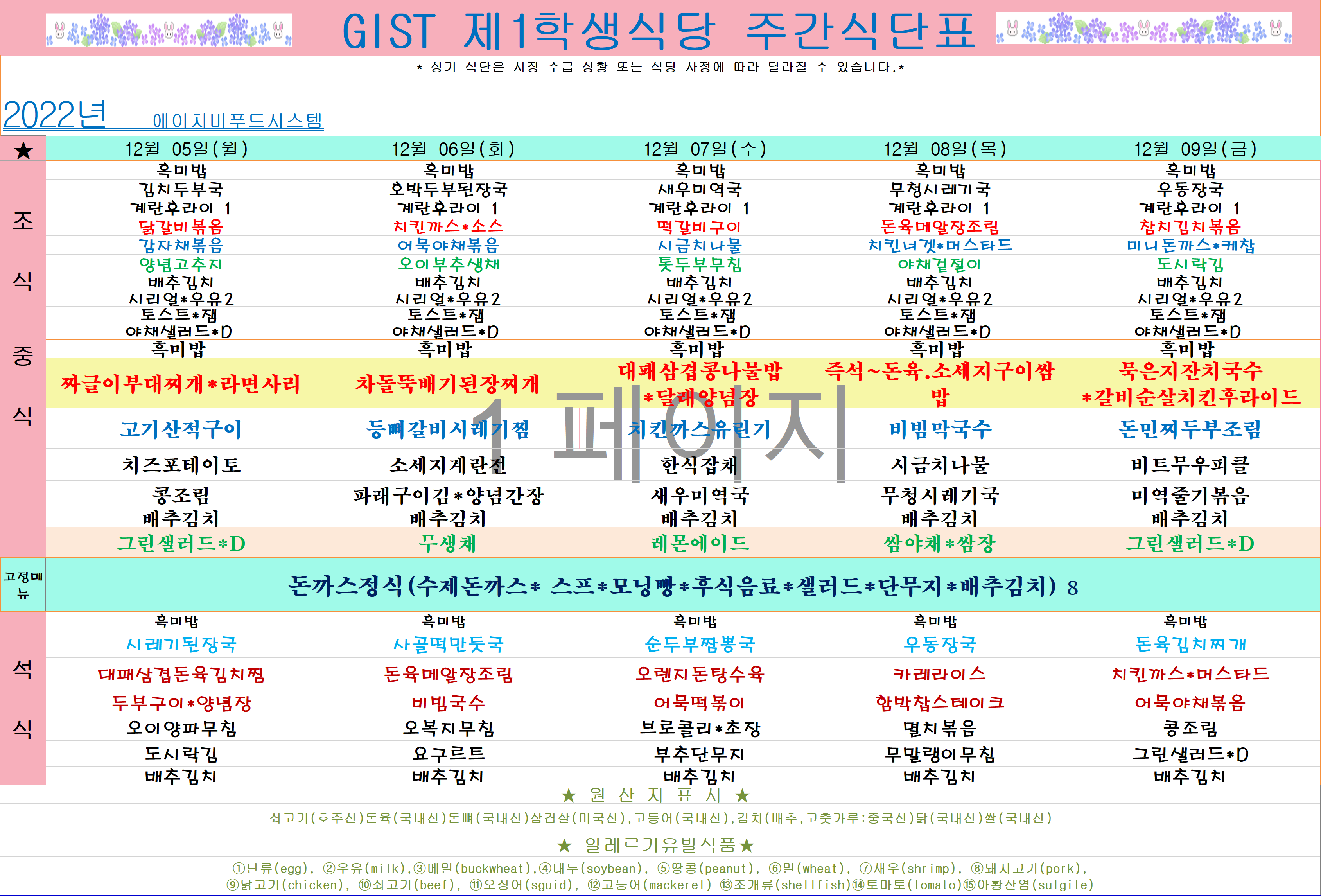 2022년 12월1째주식단표(12월5일~12월9일) 이미지