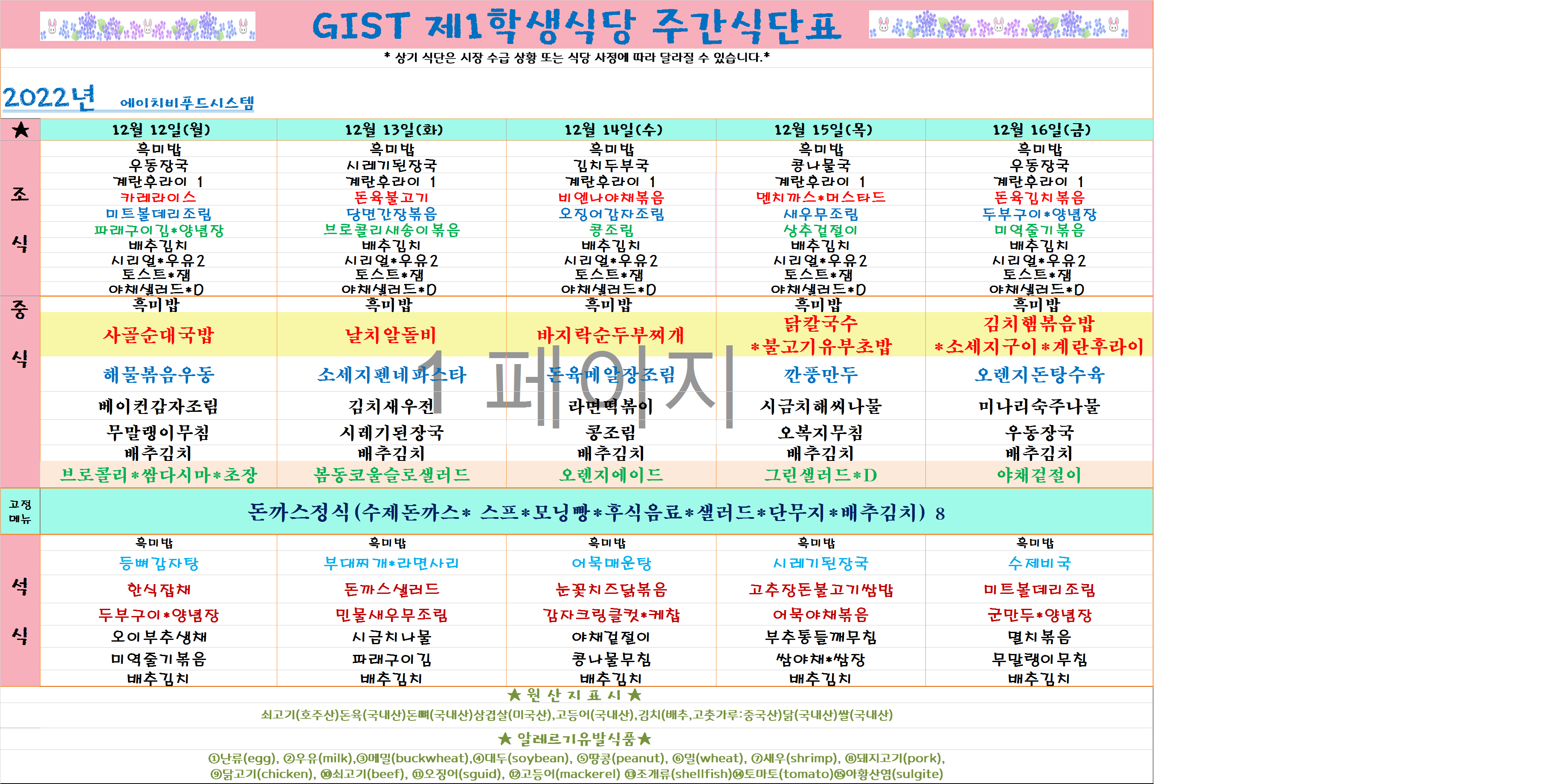 2022년 12월2째주식단표(12월12일~12월16일) 이미지