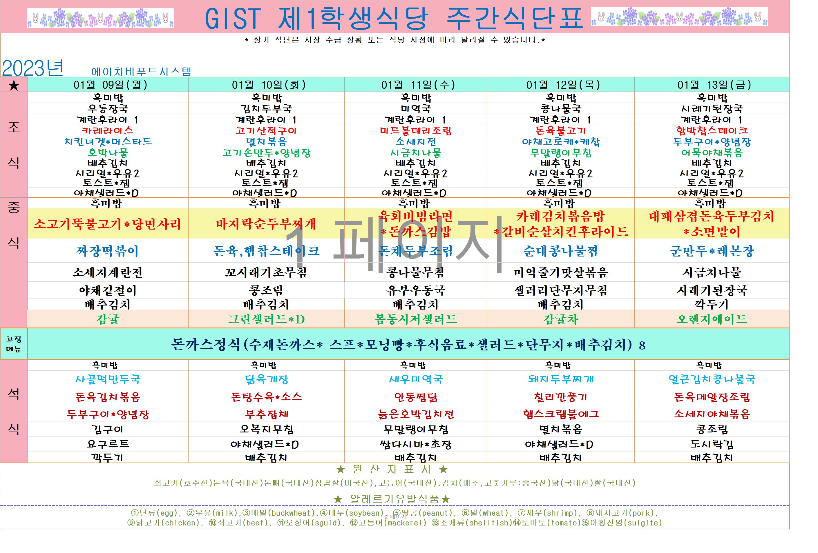 2023년 1월2째주식단표(1월9일~1월13일) 이미지