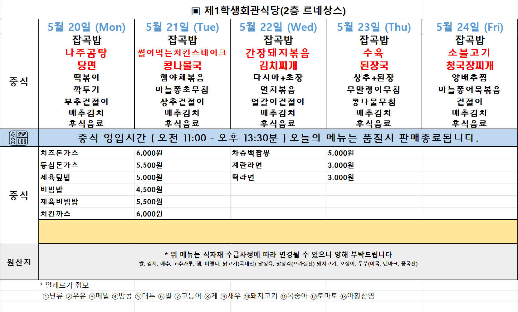 주간식단표(24. 5. 20.~5. 24.) 이미지