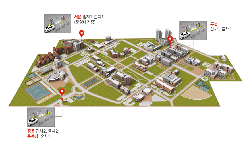 서문: 입차 1, 출차1(운영 대기중) / 후문: 입차 1, 출차1 / 정문: 입차 2, 출차2 운동장: 출차 1