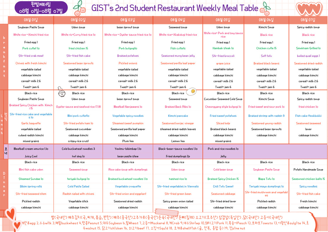 The 2nd Student Restaurant Weekly Meal Table (2022.08.01~22.08.07) 이미지