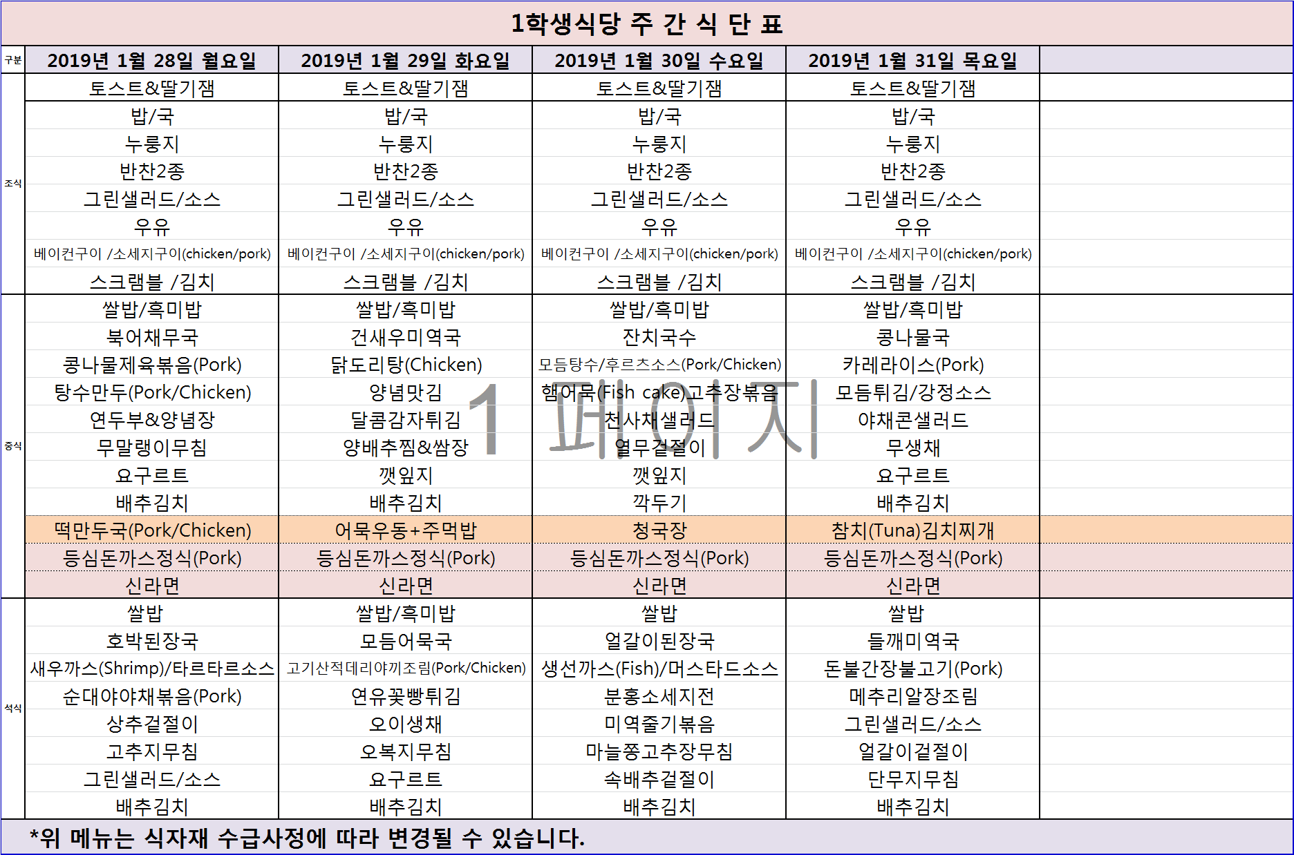 주간식단표(2019.01.28~01.31) 이미지