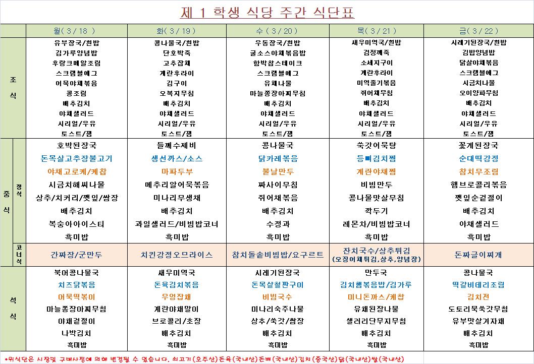 주간 식단표(3.18~3.22) 이미지