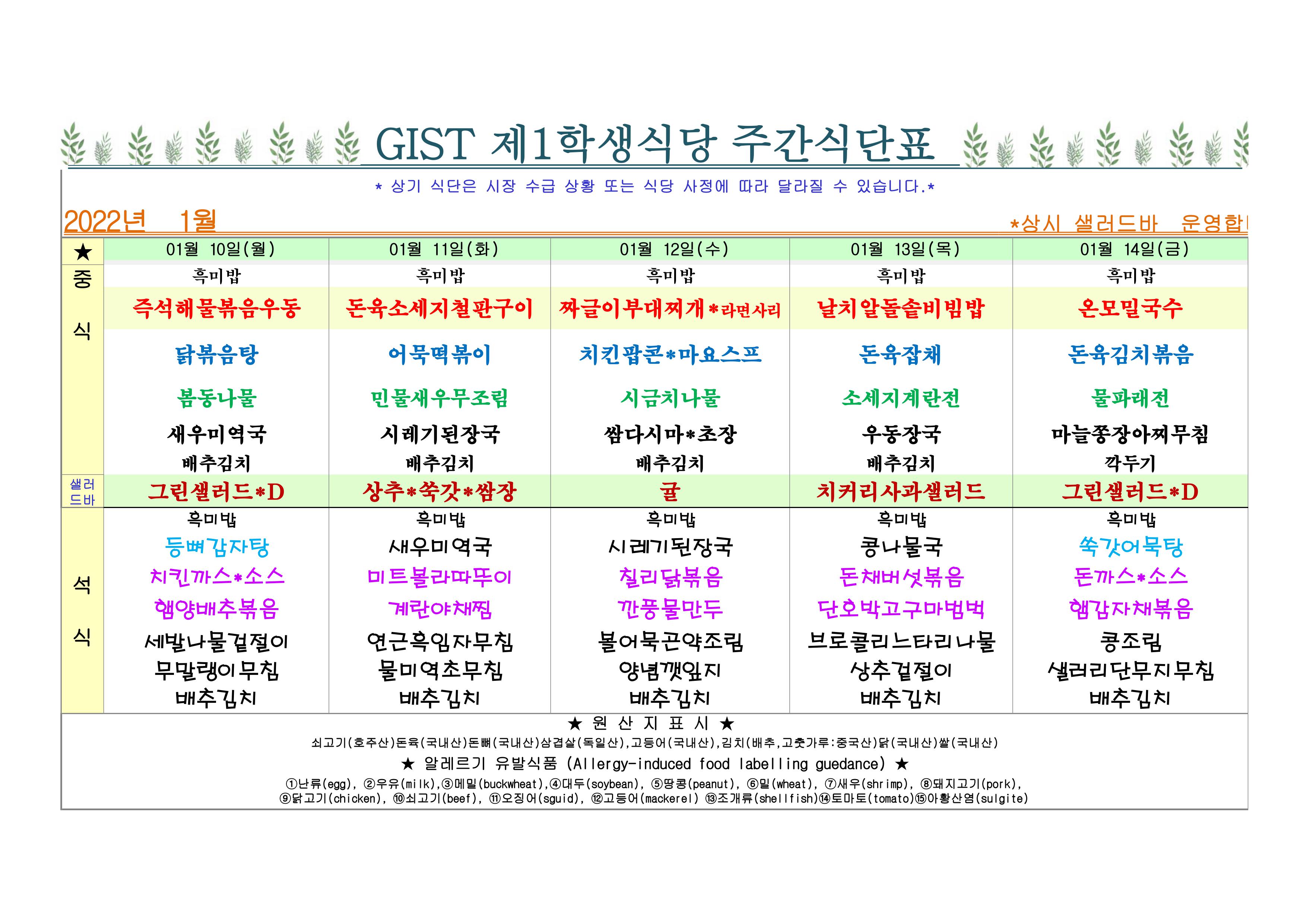 2022년 1월2째주식단표(1월10일~1월14일) 이미지