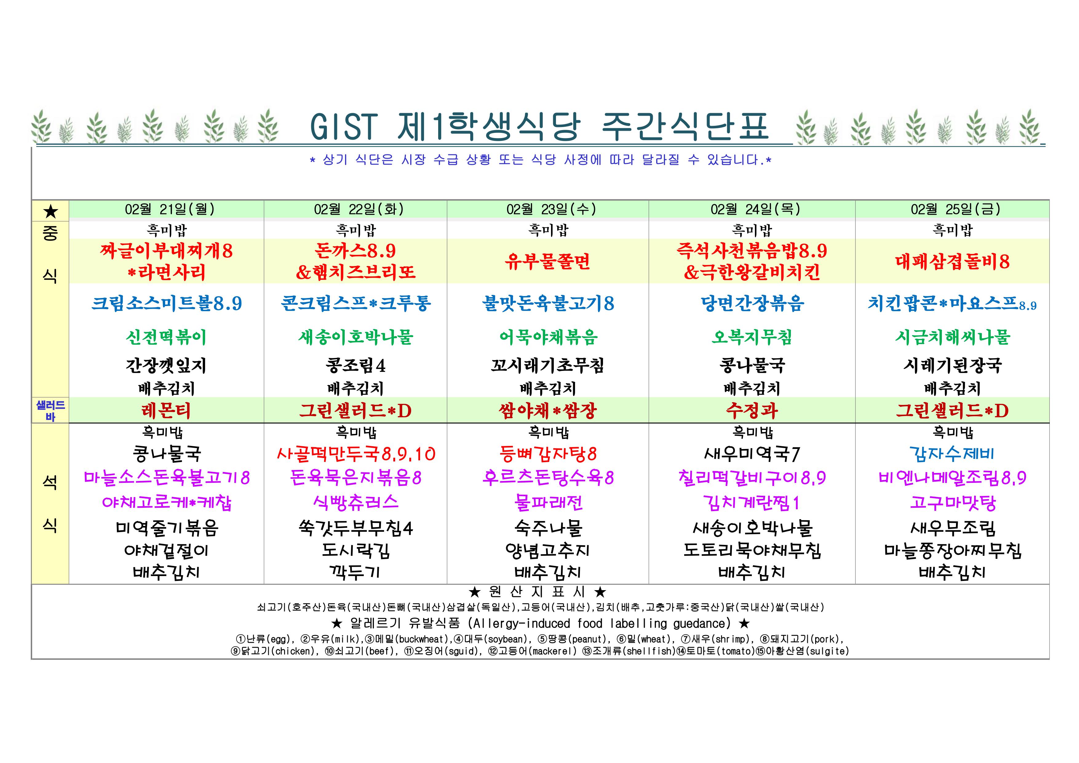 2022년 2월4째주식단표(2월21일~2월25일) 이미지