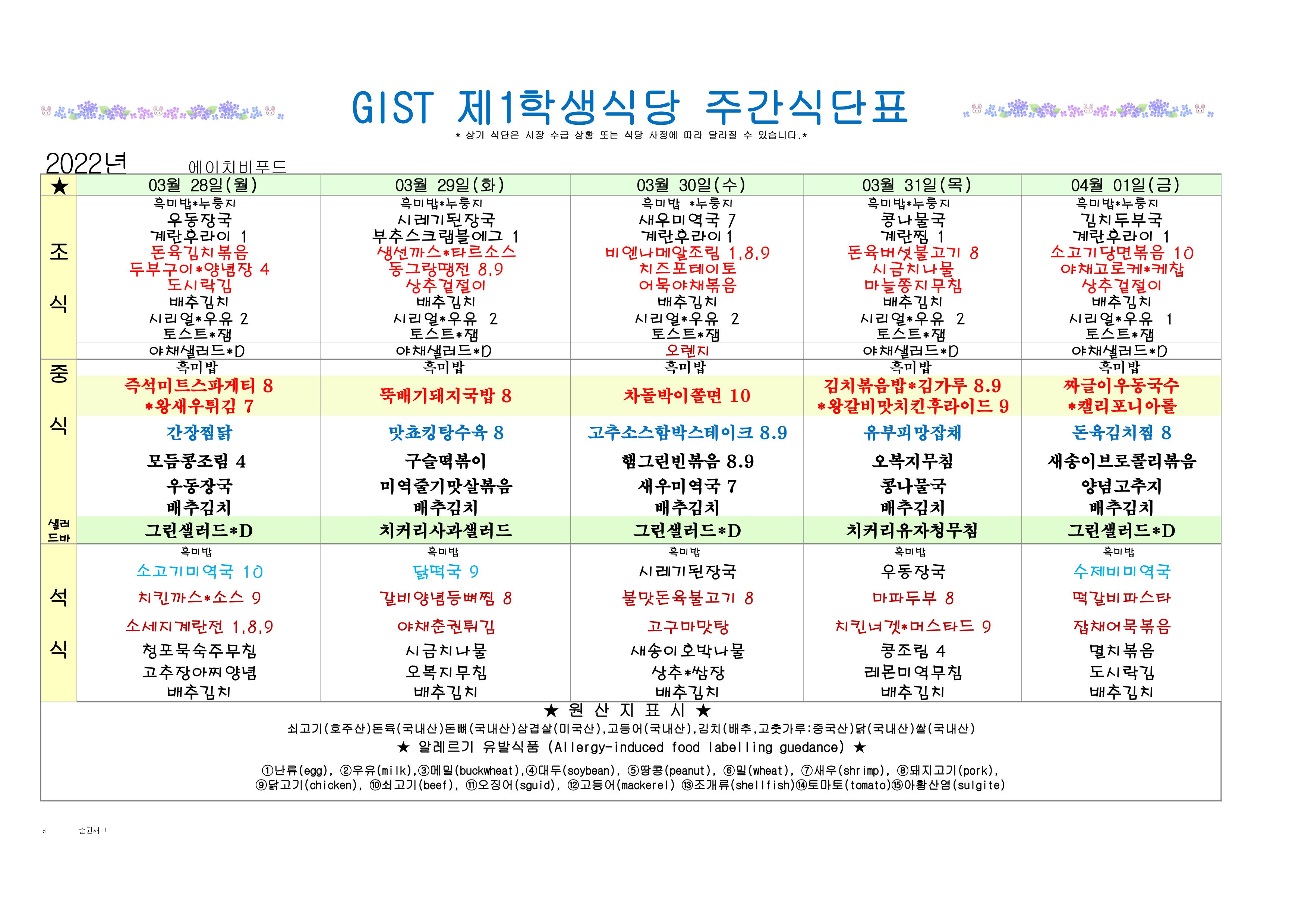 2022년 3월5째주식단표(3월28일~4월1일) 이미지