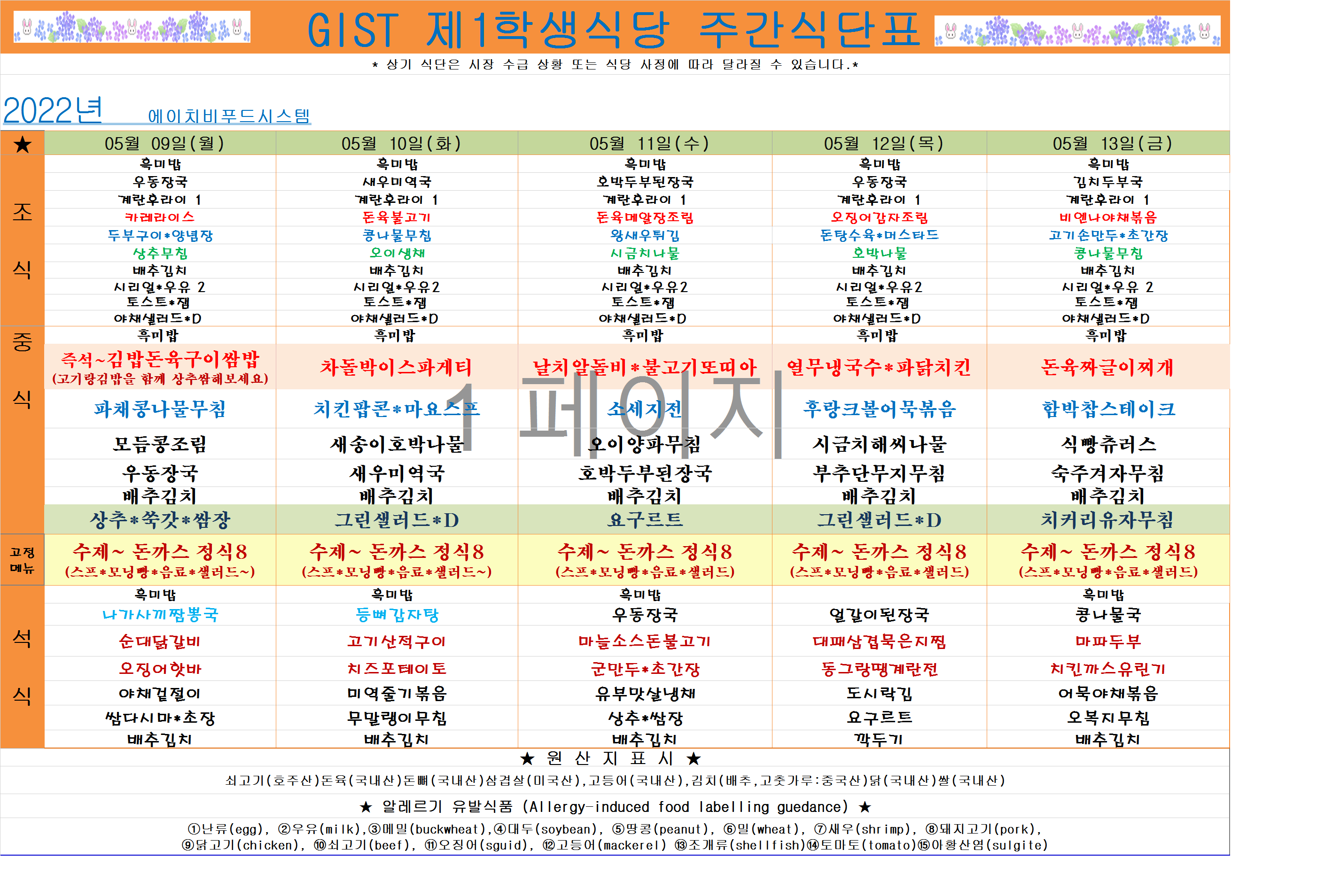 2022년 5월2째주식단표(5월9일~5월13일) 이미지
