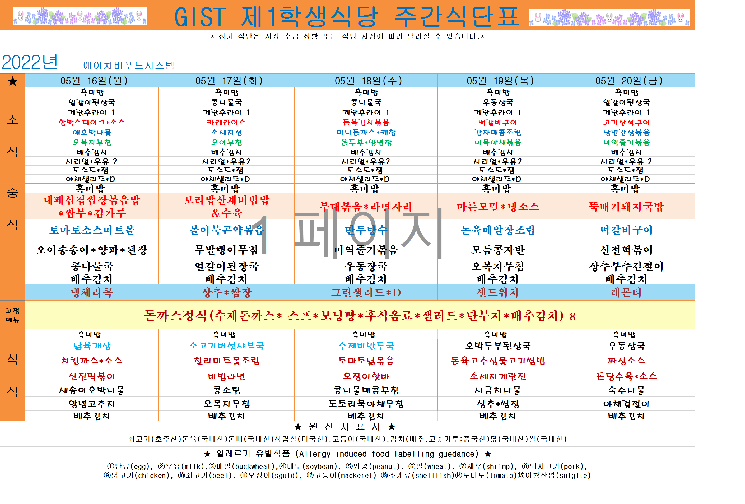 2022년 5월3째주식단표(5월16일~5월20일) 이미지